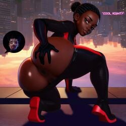 1girls 2boys 2d anus_outline ass ass_focus asshole_peek bestorifice big_ass big_breasts big_thighs brorifice color colored colored_text dark-skinned_female dark_skin dialogue english_text female genderswap genderswap_(mtf) heroine highres male marvel marvel_comics miles_morales new_york peter_parker presenting_ass presenting_hindquarters rule_63 spider-man spider-man:_across_the_spider-verse spider-man:_into_the_spider-verse spider-man_(series) spider_girl text thebrorifice