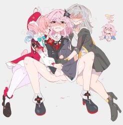 4girls black_flower black_jacket blue_hair blush commentary commission cooperative_handjob english_commentary evernight_(honkai:_star_rail) ffd_threesome flower futa_with_female futanari gradient_hair grey_background grey_hair grin group_sex hair_between_eyes hair_flower hair_ornament handjob hat head_steam highres honkai:_star_rail honkai_(series) hyacine_(honkai:_star_rail) jacket long_hair march_7th_(honkai:_star_rail) multicolored_hair multiple_girls pantyhose pink_hair red_eyes red_hat simple_background sitting smile stelle_(honkai:_star_rail) sweat teamwork_(sexual) testicles threesome trailblazer_(honkai:_star_rail) unfamousradish white_pantyhose