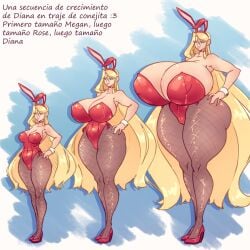 1girls amazon ass_expansion big_breasts blonde_hair breast_expansion bunnysuit diana_(cat_cris) female female_only growth growth_sequence high_heels huge_ass huge_breasts hyper hyper_breasts long_hair mini_giantess n647 original original_character solo spanish_text text thick_thighs wide_hips