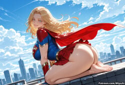 1girl ai_assisted ai_generated arched_back ass barefoot blonde_hair blue_eyes blue_sky breasts cape city cloud curvaceous curvy curvy_female curvy_figure day dc dc_comics earrings feet female jewelry kara_danvers kara_zor-el large_breasts long_hair looking_at_viewer looking_back miyuai no_panties open_mouth outdoors pleated_skirt red_cape shiny skirt sky smile soles solo supergirl superhero superman_(series) thick thick_ass thick_butt thick_hips thick_legs thick_thighs thighs toes voluptuous voluptuous_female wide_hips wide_thighs