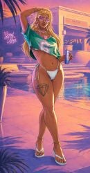 bikini_bottom blonde_female blonde_hair blue_eyes breasts diamond_tattoo emma_frost large_breasts marvel marvel_comics milf small_bikini swimsuit tanned_female thigh_tattoo white_queen x-men