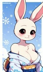 ai ai-created ai_art ai_generated anthro bare_shoulders beastars blush breasts censored covered_nipples cute haru_(beastars) kimono kimono_down kimono_partially_removed looking_at_viewer original partially_undressed pixai rabbit sexy sexy_female showing_breasts tagme white_body white_fur