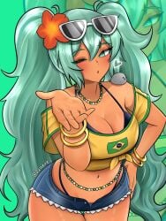 1girls ;o aqua_hair blue_shorts bracelet brazilian_miku breasts cleavage dark_skin denim denim_shorts eyewear_on_head flower hair_flower hair_ornament hand_on_hip hatsune_miku jewelry long_hair looking_at_viewer navel necklace one_eye_closed short_shorts shorts solo sunglasses tan toned very_long_hair vocaloid