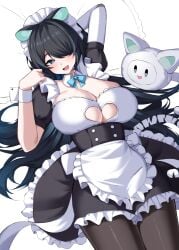 1girl 1girls absurdres animal_ears apron big_breasts black_dress black_hair blue_eyes blue_hair blue_streaks blush bow breasts cleavage cleavage_cutout clothing_cutout collar detached_collar dress erina_makina female frilled_dress frills hair_over_one_eye heart_cutout highres huge_breasts large_breasts long_hair looking_at_viewer lying maid maid_apron maid_headdress massive_breasts mechanical_arms multicolored_hair nai_(cnoadi8) on_back open_mouth pantyhose phase_connect pillow single_mechanical_arm solo streaked_hair tail tiger_ears tiger_girl tiger_tail tits virtual_youtuber vtuber white_collar white_wrist_cuffs wrist_cuffs