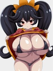 1girls ashley_(warioware) big_breasts black_hair breasts female female_only huge_breasts looking_at_viewer nintendo presenting_breasts red_eyes shiny_skin shortstack suzumori_kuroku warioware