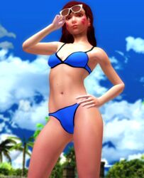 3d bikini blue_bikini breasts brown_eyes brown_hair clothed clouds d.va eyewear facepaint facial_markings female female_only front_view hand_on_hip highres human jenbitch long_hair looking_at_viewer looking_down navel outdoors overwatch palm_tree small_breasts smile solo sunglasses sunglasses_on_head tree