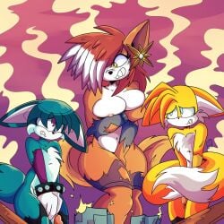 1girls 2boys balls breasts covering embarrassed female kitsunami_the_fennec male nude penis popfulblue sonic_(series) tagme tails_the_fox torn_clothes