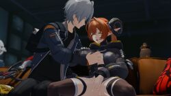 1boy 1girl ass blender_(medium) breasts commentary english_commentary female_masturbation grabbing_another's_breast groping hetero highres masturbation md5_mismatch open_clothes open_mouth orphie_magnusson terminalhash wise_(zenless_zone_zero) zenless_zone_zero