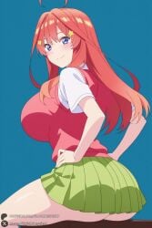 1female 1girl 1girls 2026 ahoge ai_generated artist_name ass bangs big_ass big_breasts blue_background blue_eyes blush breasts closed_mouth curvy from_behind go-toubun_no_hanayome green_skirt hair_ornament hands_on_hips hi_res high_quality high_resolution highres huge_ass huge_breasts large_breasts long_hair looking_at_viewer looking_back nakano_itsuki patreon patreon_username pleated_skirt red_hair school_uniform shirt short_sleeves simple_background sitting skirt smile solo star_(symbol) star_hair_ornament sweater_vest the_quintessential_quintuplets thighs unjobdespiert watermark