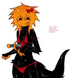 1male 1monster 2025 bikini black_fur black_tail blush blush_lines blushing die_of_death_(roblox) mequot mequot_(die_of_death) muhosranskin red_clothing red_ribbon sketch sweat sweatdrop sweating sweaty sweaty_body thick_thighs thighs yellow_body