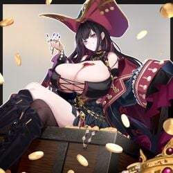 1girl azur_lane black_hair black_nightgown boots breasts cleavage coin commentary_request criss-cross_halter crown fishnet_pantyhose fishnets gem gold gold_coin gold_crown grey_background halterneck hat huge_breasts jewelry lace-trimmed_nightgown long_hair multicolored_hair nail_polish necklace nightgown pantyhose pink_eyes pirate_hat purple_nails purple_streaks queen_anne's_revenge_(azur_lane) single_leg_pantyhose smile solo streaked_hair thighs treasure treasure_chest