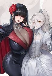 2girls ai_generated black_hair bodysuit breasts cleavage collar dress earrings flower hair_flower hair_ornament huge_breasts jewelry lipstick long_hair looking_at_viewer makeup mole mole_under_eye mole_under_mouth multiple_girls one_eye_closed puffy_sleeves red_eyes red_lips red_nails ring selfie sensitive spikes white_dress white_hair yellow_eyes