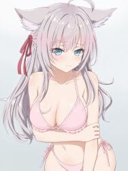 alisa_mikhailovna_kujou big_breasts bikini cute_face large_breasts large_hips looking_down pink_bikini roshidere shy_expression tokidoki_bosotto_russian_de_dereru_tonari_no_alya-san white_hair