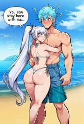 1boy 1girl ? ai_generated ass back beach bikini blue_eyes blue_hair blue_sky blush breasts clothing cloud couple day earrings english_text female grey_hair height_difference hetero hug huge_ass jewelry long_hair male male_swimwear medium_breasts muscular muscular_male neptune_vasilias nipples ocean outdoors pectorals rwby scar scar_across_eye scar_on_face shiny_skin short_hair shorts side-tie_bikini_bottom side_ponytail sky smile speech_bubble standing string_bikini swimsuit thick_thighs thighs thong thong_bikini topless_male very_long_hair water weiss_schnee white_bikini white_hair wide_hips