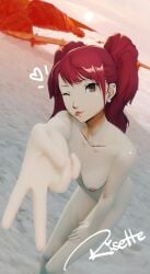 1girl 3d 3d_(artwork) beach brown_eyes brown_hair bunnxarts ear_piercing kujikawa_rise looking_at_viewer naked naked_female nude nude_female one_eye_closed one_eye_open persona persona_4 persona_4_revival pink_areola pink_nipples public public_nudity solo solo_female tongue_out winking_at_viewer