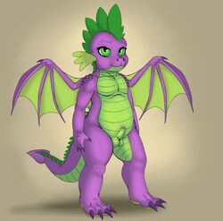 2018 anthro balls dragon erection exelzior friendship_is_magic green_eyes humanoid_penis male membranous_wings my_little_pony nude partially_retracted_foreskin penis reptile scalie simple_background small_penis smooth_skin solo spike_(mlp) uncut wings