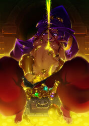 arabian_clothes barefoot bracer breasts dark-skinned_female dark_skin female female_only gold gold_(metal) gold_jewelry harem_outfit harem_pants looking_at_viewer medium_breasts naughty_face nipples pants pants_pull presenting purple_hair pussy shantae shantae_(character) smooth_skin solo tashiromotoi tongue tongue_out treasure treasure_chest