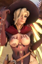 3d alternate_costume blender blonde_hair blue_eyes body_writing breasts exposed_breasts mechanical_wings mercy overwatch v verisimal witch_hat witch_mercy wunder