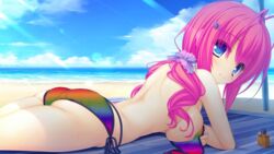 1girls artist_request ass_up bare_back beach blue_eyes cloud finobe hair_ornament looking_at_viewer looking_back ocean on_front on_towel outdoors owochan purple_hair rainbow_swimsuit roblox shade side-tie_panties side_view sideboob smile source_request sunlight untied_bikini