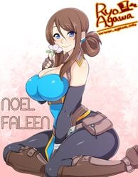 blue_eyes boots brown_hair cleavage clothed female fingerless_gloves flower kneeling ryo_agawa smelling_flower solo tied_hair