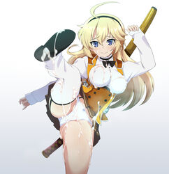 1girls ahoge arm_up ass bangs black_bow black_footwear black_hairband blonde_hair blue_eyes blush bow bow_panties breasts brown_skirt cartoony closed_mouth clothing cum cum_on_body cum_on_clothes cum_on_lower_body cum_on_skirt dress_shirt eyebrows_visible_through_hair facial female female_only garter_straps hair_between_eyes hairband katana kohagura_ellen large_breasts long_hair long_sleeves looking_at_viewer ouhashi panties pinching_sleeves pleated_skirt scabbard sheathed shirt shoe_soles skirt sleeves_past_wrists smile solo standing standing_on_one_leg sword thighhighs toji_no_miko underwear very_long_hair weapon weapon_on_back white_legwear white_panties white_shirt