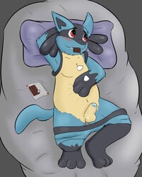 1boy 3_fingers 3_toes anthro armpits bed belly big_feet black_fur blue_fur blue_penis blush candy canine chocolate chubby erection feet food foreskin furry hand_behind_head hand_on_belly humanoid_penis knox_(artist) looking_away lucario lying male male_only navel nintendo no_nipples nude on_back on_bed partially_retracted_foreskin pawpads paws penis penis_out pillow pokemon pokemon_(species) pokemon_dppt precum red_eyes shorts shorts_down solo spikes tail testicles thick_penis thick_thighs topless uncut video_games yellow_fur yellow_penis