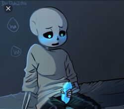 1boy 2016 blue_blush blue_eyes blue_penis blush blushing doiduh ectopenis male male_only masturbation on_bed penis sans sitting sitting_on_bed skeleton solo solo_male undertail undertale undertale_sans