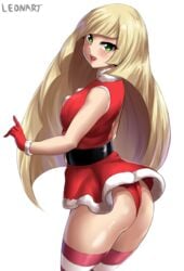 1girls ass blonde_hair blush christmas_outfit eye_contact female gloves green_eyes leonart long_hair looking_at_viewer lusamine_(pokemon) mature_female milf mother nintendo pokemon pokemon_sm solo stockings thick_thighs thighs