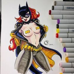 1girls barbara_gordon batgirl batman_(series) breasts cameltoe dc eyeshadow female ginger hourglass_figure jpcortes lipstick makeup medium_breasts navel open_shirt pasties photo_(medium) red_hair redhead solo traditional_media_(artwork)