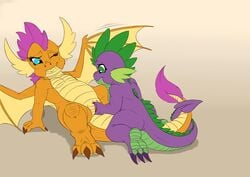 2018 anthro blue_eyes dragon duo exelzior exelzior-maximus female finger_fuck fingering friendship_is_magic green_eyes horn masturbation membranous_wings my_little_pony nude pussy scalie simple_background smolder_(mlp) smooth_skin spike_(mlp) vaginal_penetration wings