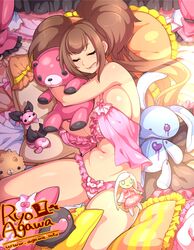 bed bra brown_hair cleavage female mii_nyasu panties plushie ryo_agawa sleeping solo twintails underwear