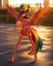 2018 alicorn anthro basketball breasts clothing cutie_mark detailed_background digital_media_(artwork) equine fan_character feathered_wings feathers female grin hair hi_res horn looking_at_viewer mammal multicolored_hair my_little_pony nipples outside pussy rainbow_hair smile solo spread_wings tomatocoup wings