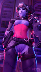 3d alternate_costume aspryt blender blue_skin breasts erect_nipples exposed_breasts exposed_pussy functionally_nude mostly_clothed nipples noire_widowmaker overwatch pussy ranged_weapon strapy widowmaker