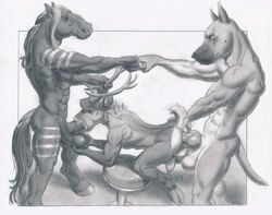 anal anal_sex anthro arjuna ball_fondling balls bucephalus canine cervine equine fellatio fist_bump fondling group group_sex horse knot male mammal muscular muscular_male oral penetration penis sex spitroast threesome yaoi