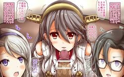 1boy 3girls amagiri_(kantai_collection) black_hair brown_eyes ekitaiidou glasses hair_ornament haruna_(kantai_collection) kantai_collection miko_outfit open_mouth penis purple_eyes sagiri_(kantai_collection) speech_bubble text translation_request white_hair