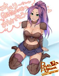 armband armor boots bustier choker cleavage corset female gauntlets green_eyes high_heel_boots high_heels kneeling midriff miniskirt pads ponytail purple_hair ryo_agawa skirt solo thighhighs