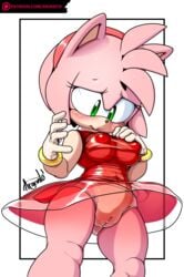 1girls 2018 amy_rose anthro areolae argento artist_name black_nose blush bracelet breasts bulge clothed clothing curvy digital_media_(artwork) dress embarrassed erect_nipples eyelashes female female_only gloves green_eyes hair hair_ornament hairband hedgehog hi_res innie_pussy jewelry large_breasts looking_down mammal nipple_bulge nipples panties patreon pink_fur pink_hair puffy_nipples pussy see-through see-through_bottom see-through_clothing see-through_panties see-through_top sega short_hair signature skirt skirt_lift solo sonic_(series) thick_thighs tight_clothing upskirt url