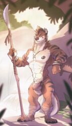 2018 4_toes 5_fingers abs anthro arm_support armband biceps biped black_claws black_eyebrows black_fur black_hair black_nipples black_nose black_stripes blonde_hair blue_eyes brown_bottomwear brown_clothing brown_fur brown_tail brown_underwear bulge claws clothed clothing detailed_background digital_media_(artwork) ear_piercing eyebrows facial_piercing foot_wraps forest front_view full-length_portrait fur hair holding_object holding_weapon industrial_piercing kiasano kyo_(kiasano) leaning_on_elbow lip_piercing looking_at_viewer male male_focus male_only mammal melee_weapon multicolored_hair multicolored_tail muscular muscular_male mustelid nipple_piercing nipples no_swift otter outside pecs pendant penis piercing polearm portrait rock short_hair snakebite_piercing solo spear standing striped_fur stripes toe_claws toes topless torn_clothing tree tribal two_tone_hair two_tone_tail underwear weapon white_fur white_penis white_tail wraps wristband