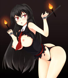 10s akame_(akame_ga_kill!) akame_ga_kill! ass bare_legs bare_shoulders black_hair black_panties black_thong blush breasts chains cuffs female fire handcuffs huge_ass kuudere large_breasts long_hair looking_at_viewer necktie nipples open_mouth panties prisoner red_eyes restrained room shackles solo thong torch torn_clothes underwear