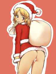 1girls ass blonde_hair brown_eyes censored christmas dress elf female fur_trim looking_at_viewer looking_back no_panties outline pointy_ears pussy sack santa_costume santa_hat shiriana short_dress solo