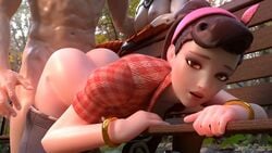 1boy 2girls 3d alternate_costume animated areolae ass bent_over blender blizzard_entertainment breasts cruiser_d.va d.va female from_behind male mercy nipples no_sound overwatch sageofosiris spanking straight video