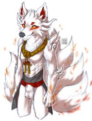 1boy 1oi 2018 abs animal_genitalia anthro canine clothing fluffy fur furry guild_wars hi_res male male_only mammal mostly_nude multi_tail muscular muscular_male orange_eyes sand_jackal sheath sketch smile solo standing tail testicles text traditional_media_(artwork) video_games watermark