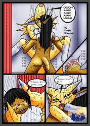 anthro ass blush breasts comic digimon dragodraconis dragodraconis_(character) dragon drop erection female male moan nipples nude penetration penis pussy renamon sex shower stand_and_carry_position standing straight watermark wet