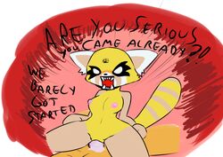 aggressive_retsuko angry anthro blush breasts cactuscacti cum cum_in_pussy cum_inside dialogue english_text erection faceless_male female human interspecies male mammal nipples nude open_mouth penetration penis predator_mouth premature_ejaculation pussy red_panda retsuko sanrio sharp_teeth smooth_fur straight teeth text vaginal_penetration white_eyes