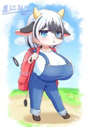 1girls animal_ears anthro_focus anthro_only big_breasts black_hair breasts_bigger_than_head cat_tail cow_ears cow_girl cowgirl cute female horns huge_breasts large_breasts massive_breasts original original_character shortstack small_but_busty solo tail two_tone_hair white_hair yu_fox