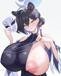 1girls ahoge allied_hyakkiyako_academy_student animal_ears bare_shoulders black_hair blue_archive blush breasts china_dress chinese_clothes covered_erect_nipples dress female female_only gigantic_breasts hair_between_eyes hair_bun hair_ornament hand_fan highres holding huge_breasts japanese_clothes kaguya_(blue_archive) light-skinned_female light_skin long_hair looking_at_viewer mask nipples one_breast_out shanhaijing_secondary_school_student simple_background sleeveless smile solo tatara white_background yellow_eyes