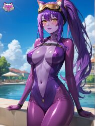 ai_generated anthro breasts cat_ears cleavage erect_nipples furry long_hair looking_at_viewer nipple_bulge nipples_visible_through_clothing nyanai ponytail purple_body purple_hair purple_jumpsuit purple_skin watermark yellow_eyes