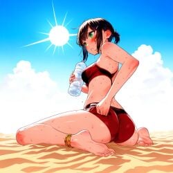 1girls ai_generated ass ass_focus bare_arms bare_back bare_legs bare_midriff bare_thighs barefoot blush bra brown_hair desert feet full_body green_eyes hot_pants hot_weather legs legs_apart looking_away original original_character panties ponytail sand shiny_skin short_hair shorts sideboob sitting spread_legs sun sweat sweatdrop sweating thighs topwear wariza water_bottle wet_clothes white_shirt yeyehuh