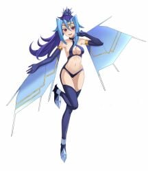 blue_hair blush cosplay edit edited female gloves kamishiro_rio legwear long_hair looking_at_another navel one_leg_raised ponytail pose red_eyes restored rio_kamishiro rourou_ill smile solo white_background yu-gi-oh! yu-gi-oh!_zexal