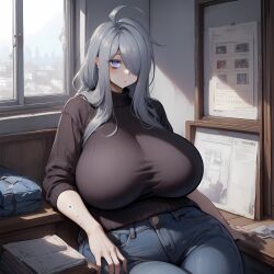 1girls ai_generated big_breasts blue_eyes blue_hair breasts empty_eyes grey_hair hair_over_one_eye hi_res highres huge_breasts indoors jeans large_breasts long_hair mei_(2b213) messy_hair milf purple_eyes self_upload sitting surprised sweat sweater thick_thighs window